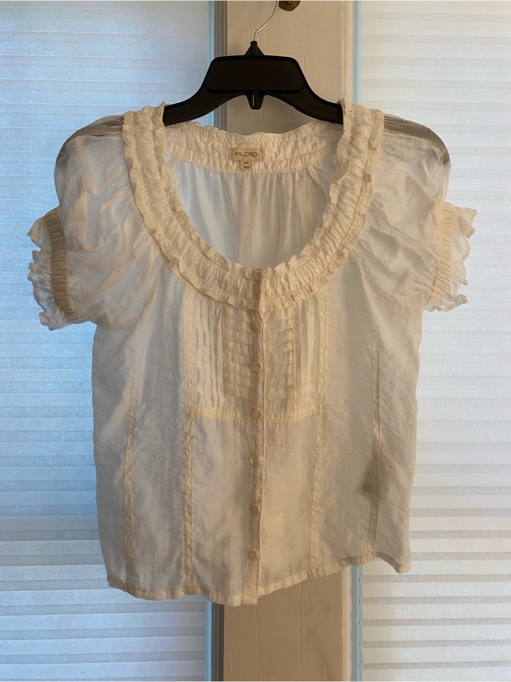 Anthropologie Pilcro Cream Ruffle Scoop Neck Button-Front Top